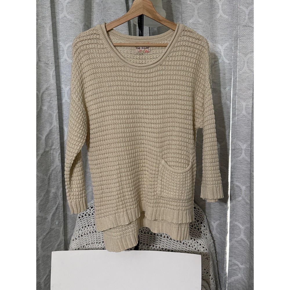 Miss Guided Cream Waffle Knit Sweater Pocket High Low Pullover Beige Women OS